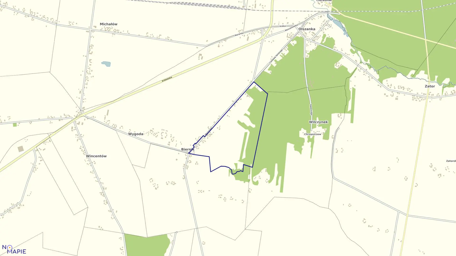 Mapa obrębu BIERNIK WŁOŚCIAŃSKI w gminie Puszcza Mariańska