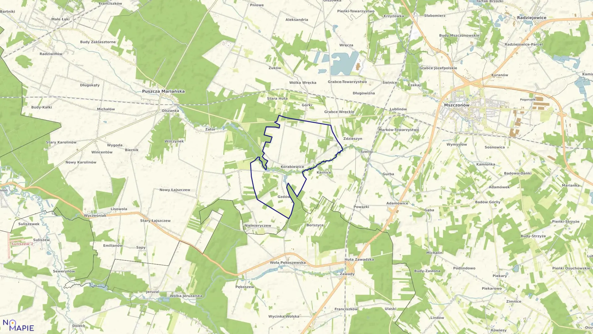 Mapa obrębu KORABIEWICE w gminie Puszcza Mariańska