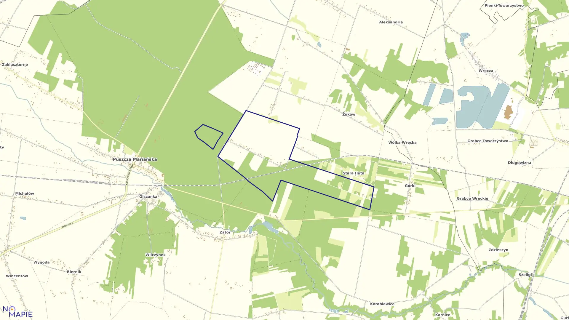 Mapa obrębu NOWA HUTA w gminie Puszcza Mariańska