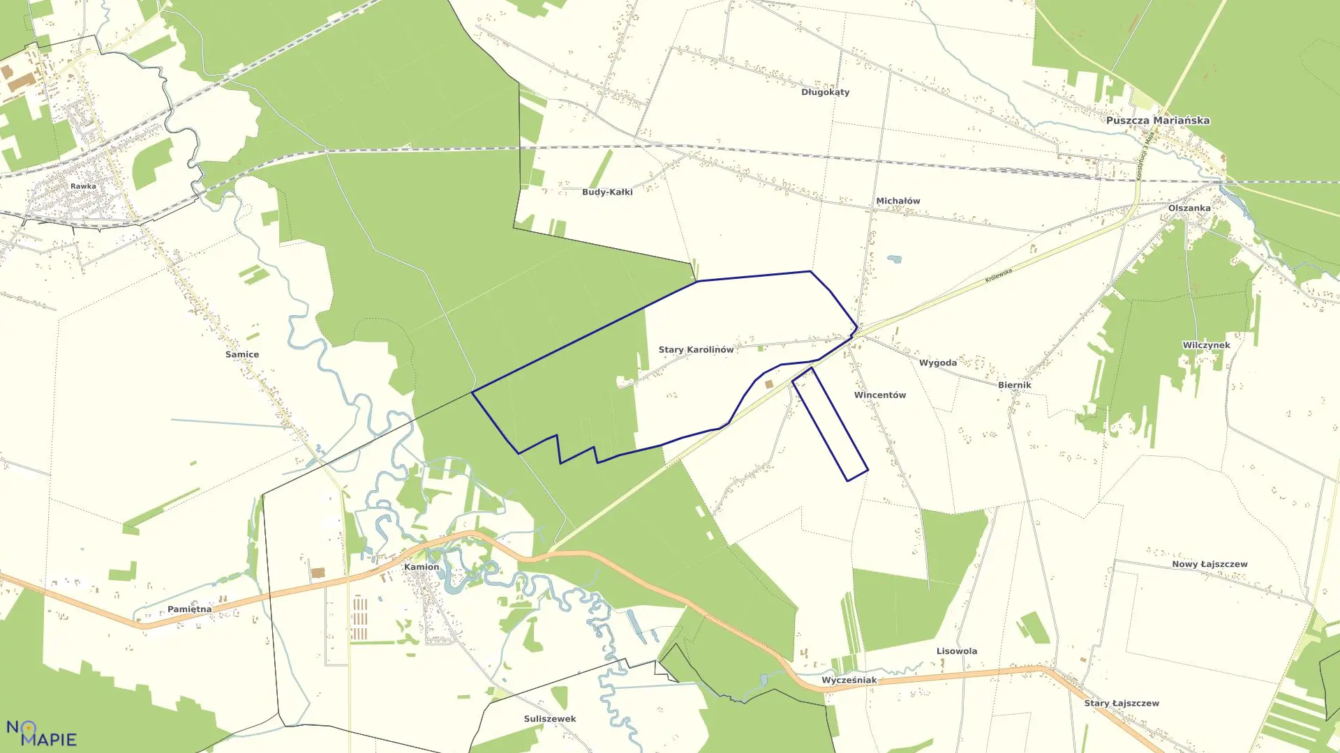 Mapa obrębu STARY KAROLINÓW w gminie Puszcza Mariańska